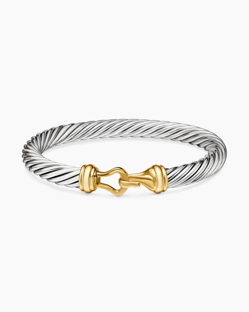 Womens Buckle Classic Cable Bracelet in Sterling Silver with 14K Yellow Gold, 7mm