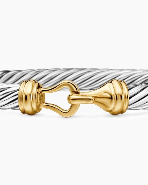 Womens Buckle Classic Cable Bracelet in Sterling Silver with 14K Yellow Gold, 7mm