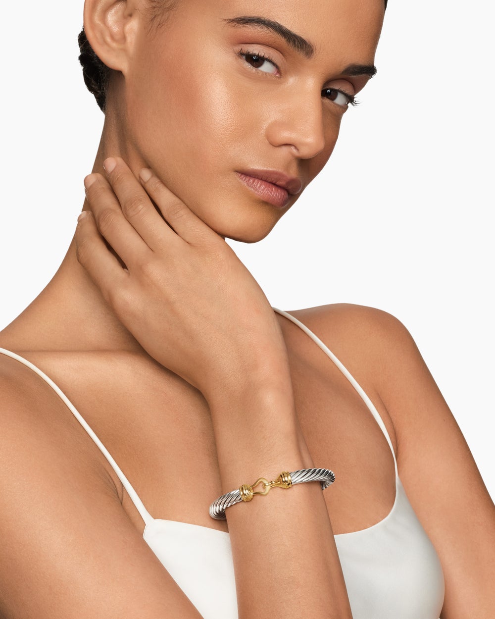 Womens Buckle Classic Cable Bracelet in Sterling Silver with 14K Yellow Gold, 7mm