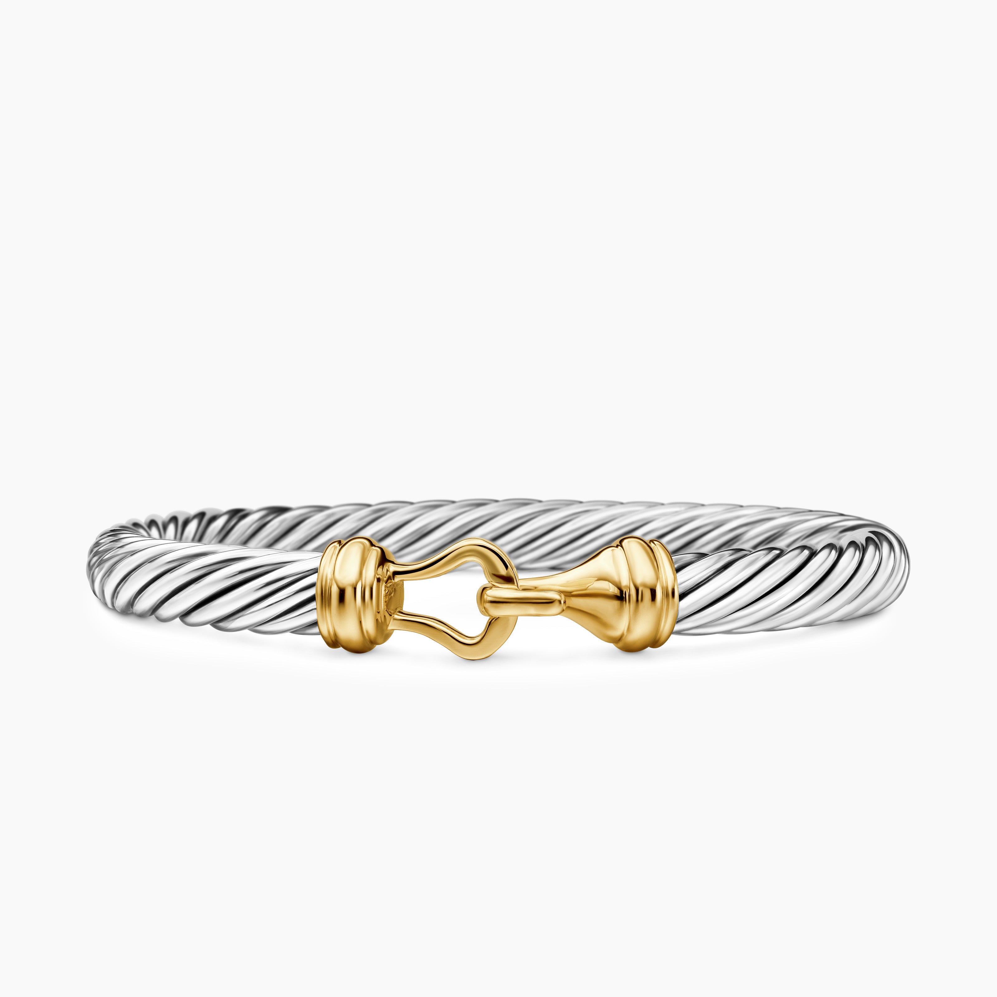 Womens Buckle Classic Cable Bracelet in Sterling Silver with 14K Yellow Gold, 7mm