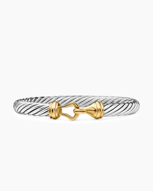 Womens Buckle Classic Cable Bracelet in Sterling Silver with 14K Yellow Gold, 7mm