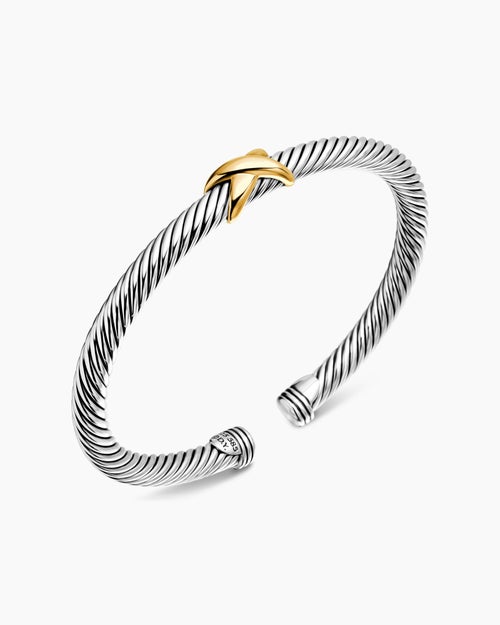 Womens X Classic Cable Station Bracelet in Sterling Silver with 14K Yellow Gold, 5mm