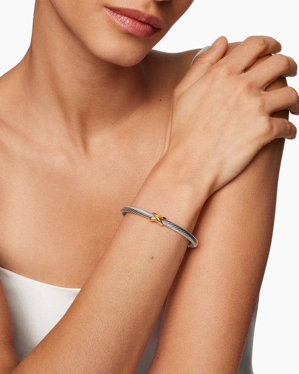 X Classic Cable Station Bracelet in Sterling Silver with 14K Yellow Gold, 5mm