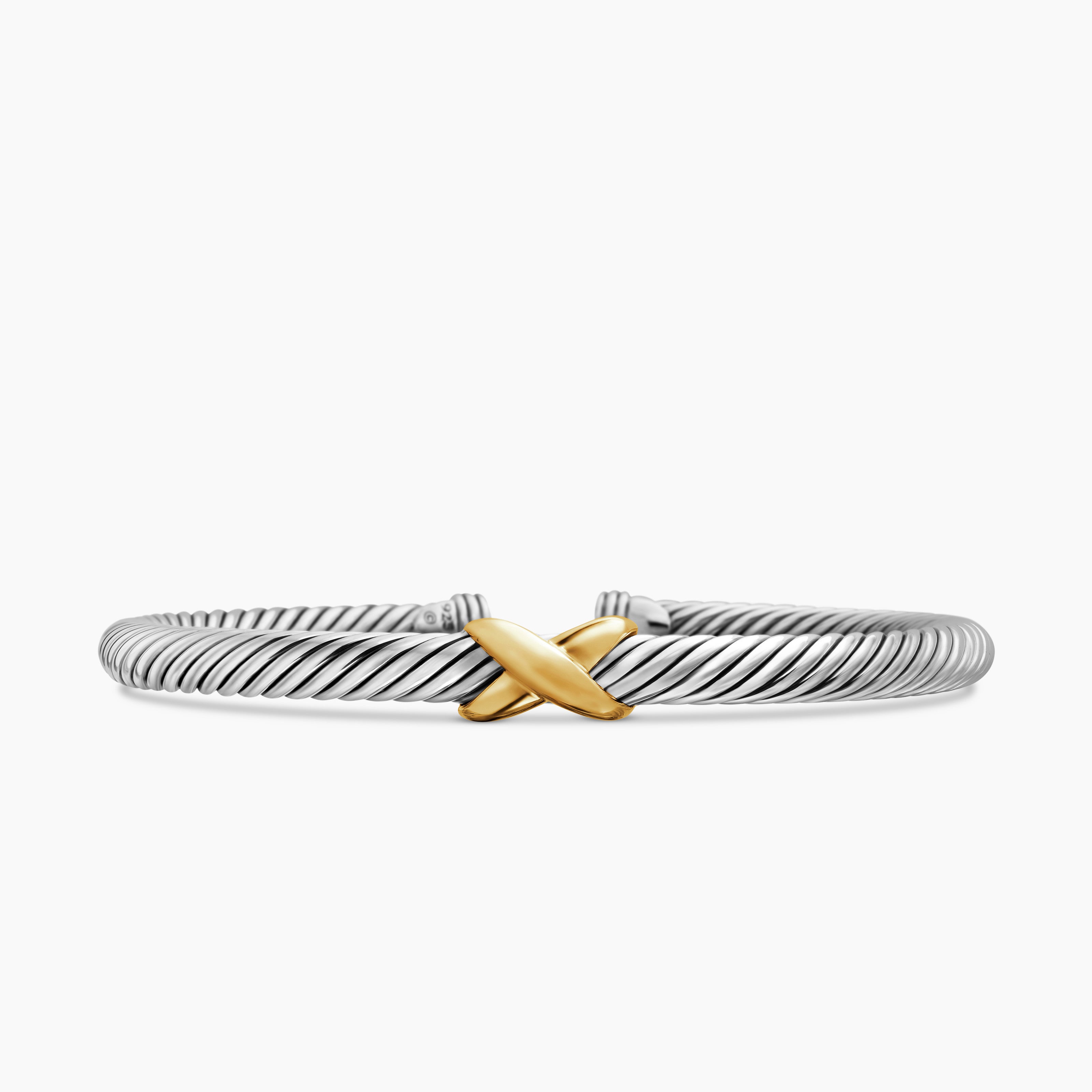 Womens X Classic Cable Station Bracelet in Sterling Silver with 14K Yellow Gold, 5mm
