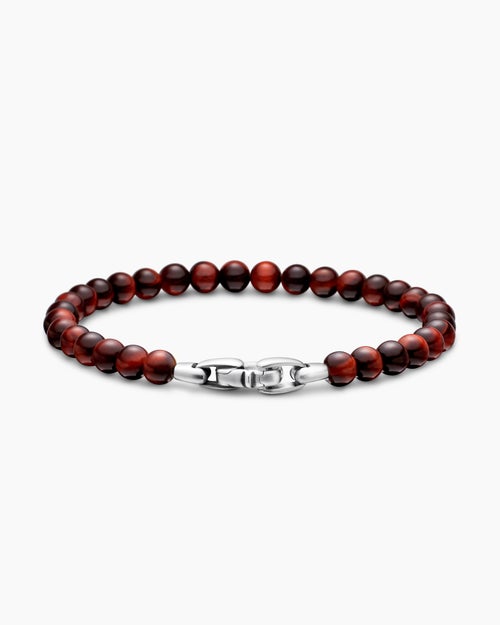 Mens Spiritual Beads Bracelet in Sterling Silver with Red Tiger’s Eye, 6mm
