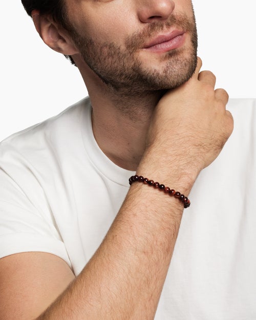 Mens Spiritual Beads Bracelet in Sterling Silver with Red Tiger’s Eye, 6mm
