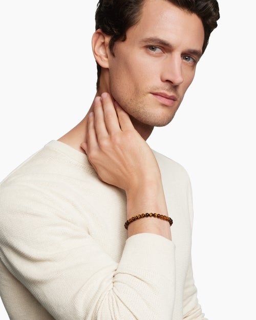 Mens Spiritual Beads Bracelet in Sterling Silver with Tiger’s Eye, 6mm