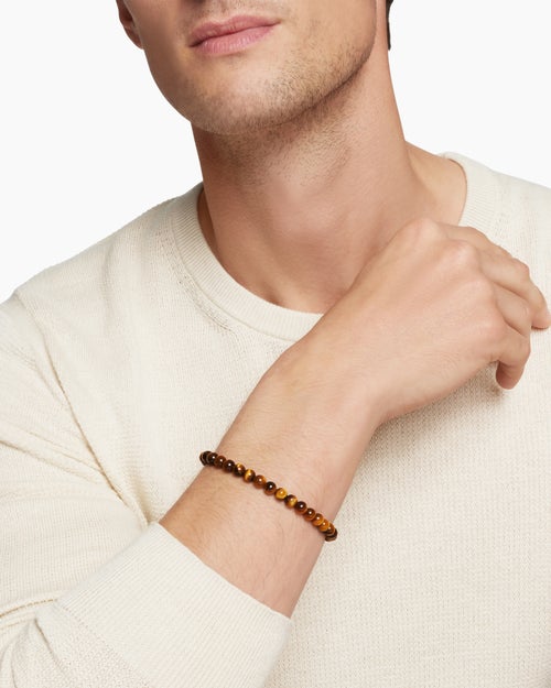 Mens Spiritual Beads Bracelet in Sterling Silver with Tiger’s Eye, 6mm
