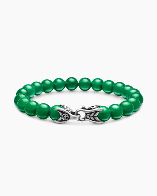 Mens Spiritual Beads Bracelet in Sterling Silver with Green Onyx, 8mm