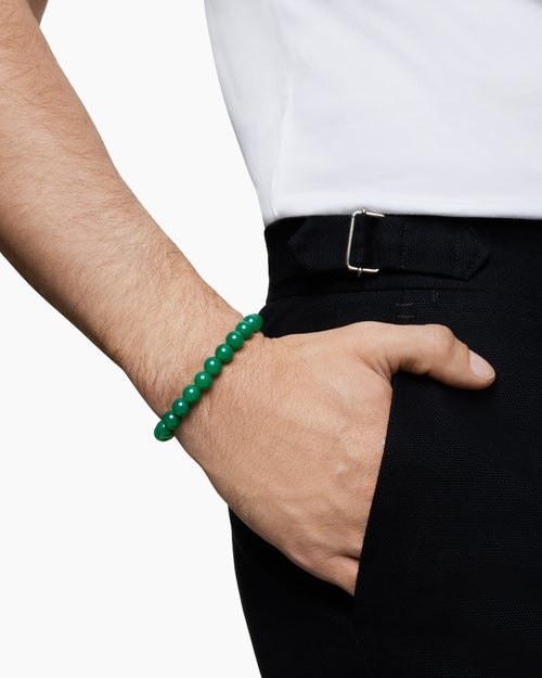 Mens Spiritual Beads Bracelet in Sterling Silver with Green Onyx, 8mm