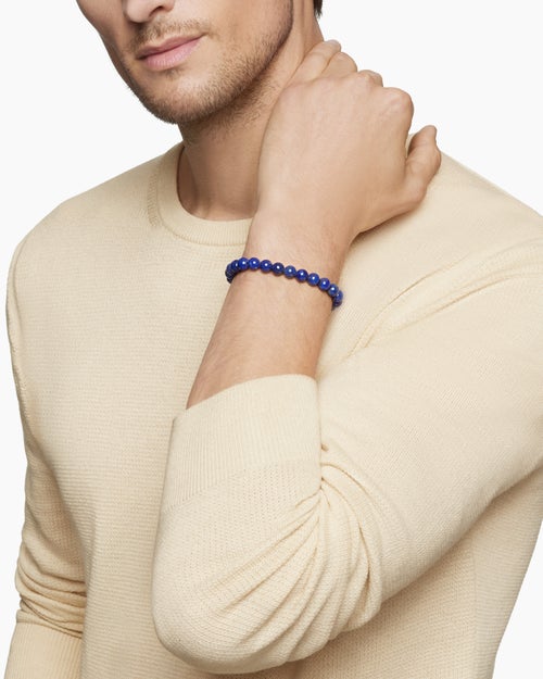 Mens Spiritual Beads Bracelet in Sterling Silver with Lapis, 8mm