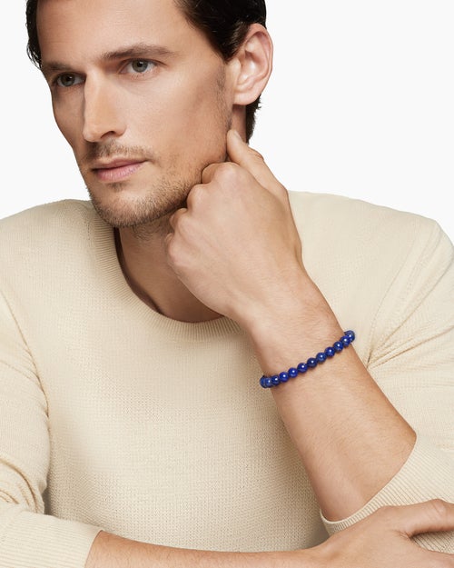 Mens Spiritual Beads Bracelet in Sterling Silver with Lapis, 8mm