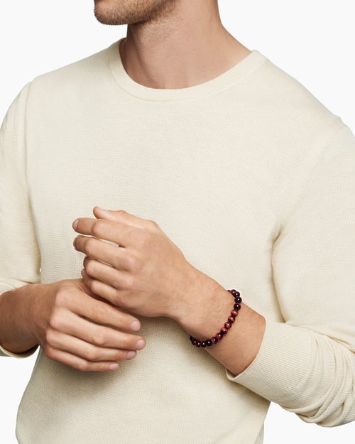 Mens Spiritual Beads Bracelet in Sterling Silver with Red Tiger’s Eye, 8mm