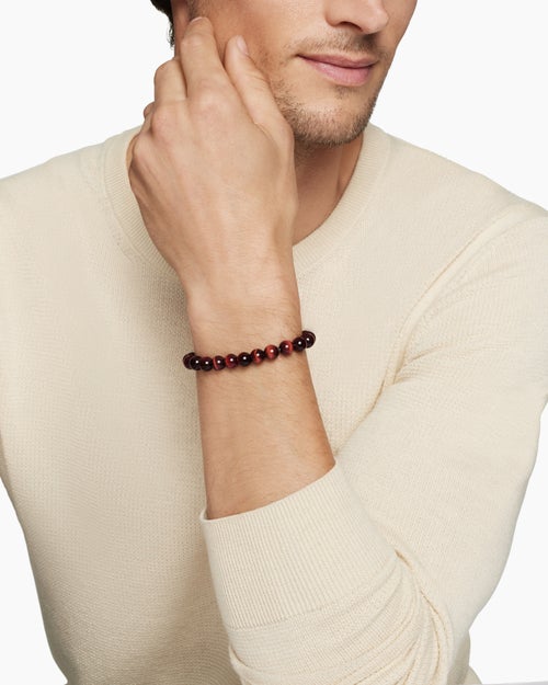Mens Spiritual Beads Bracelet in Sterling Silver with Red Tiger’s Eye, 8mm