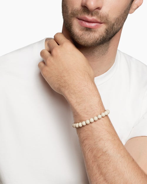 Mens Spiritual Beads Bracelet in Sterling Silver with River Stone, 8mm
