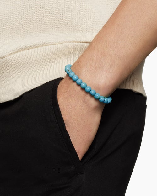 Mens Spiritual Beads Bracelet in Sterling Silver with Turquoise, 8mm