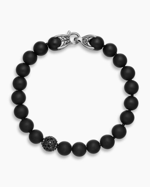 Mens Spiritual Beads Bracelet in Sterling Silver with Black Onyx and Pavé Black Diamond Station, 8mm