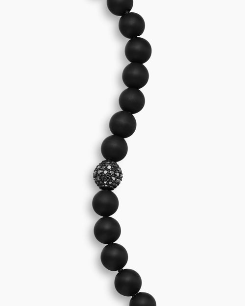 Mens Spiritual Beads Bracelet in Sterling Silver with Black Onyx and Pavé Black Diamond Station, 8mm