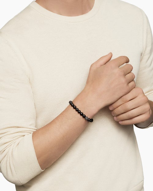 Mens Spiritual Beads Bracelet in Sterling Silver with Pavé Station, 8mm