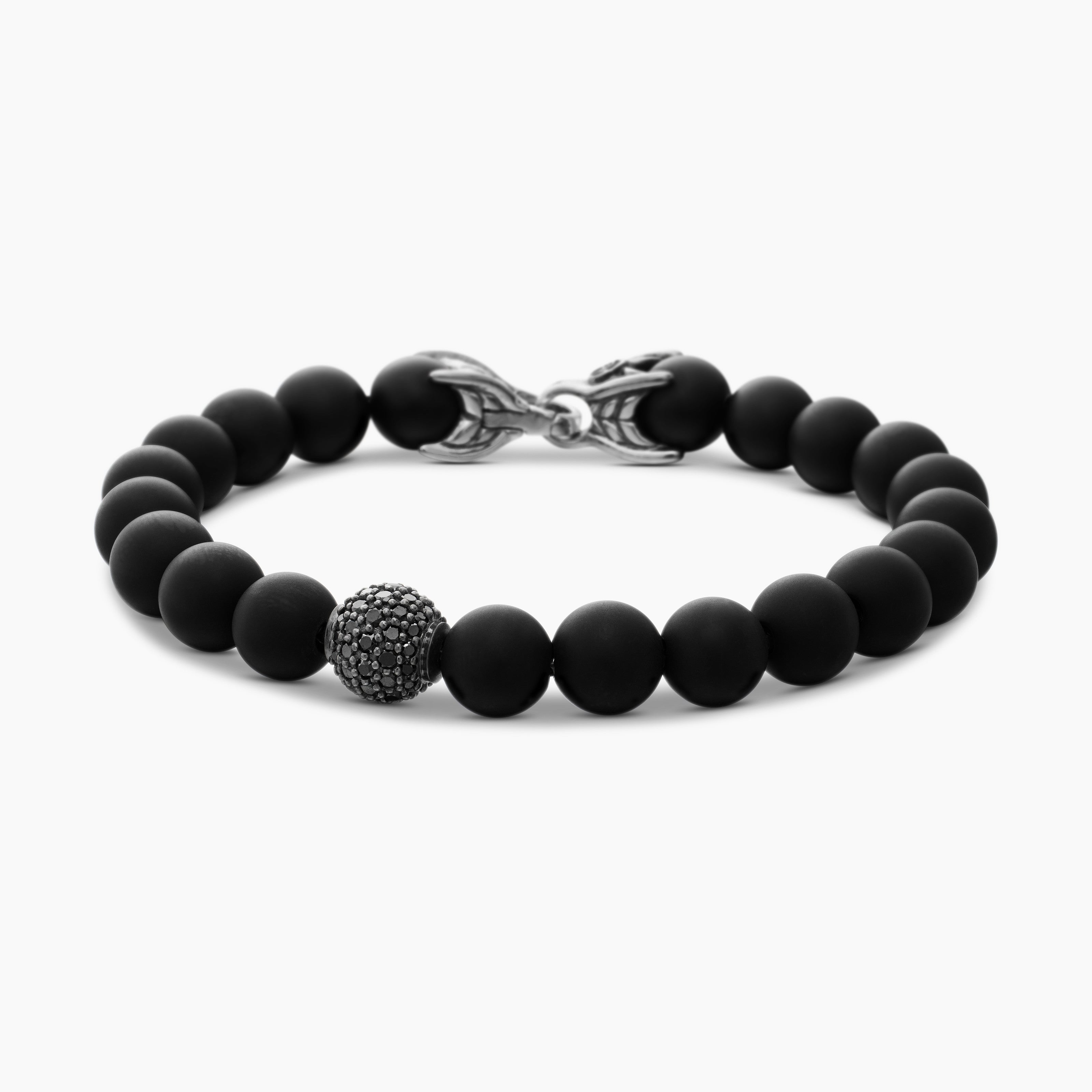 Mens Spiritual Beads Bracelet in Sterling Silver with Pav&eacute; Station, 8mm
