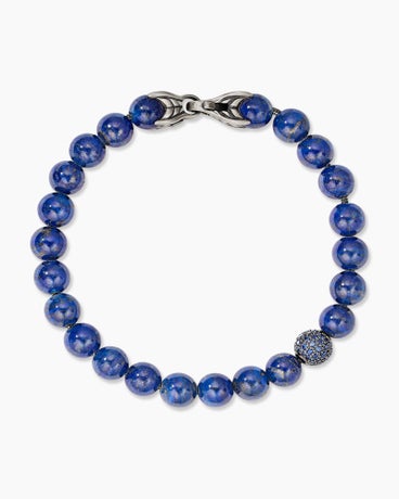 Spiritual Beads Bracelet in Sterling Silver with Lapis and Pavé Sapphire Station, 8mm