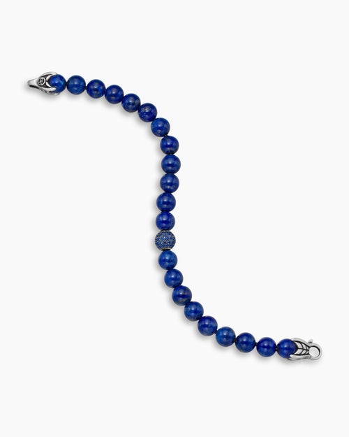 Mens Spiritual Beads Bracelet in Sterling Silver with Lapis and Pavé Sapphire Station, 8mm