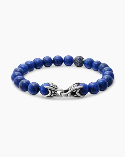 Mens Spiritual Beads Bracelet in Sterling Silver with Lapis and Pavé Sapphire Station, 8mm