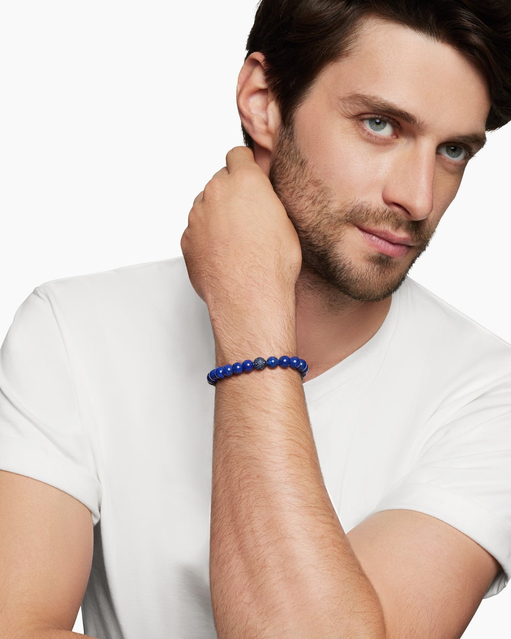 Mens Spiritual Beads Bracelet in Sterling Silver with Pavé Station, 8mm