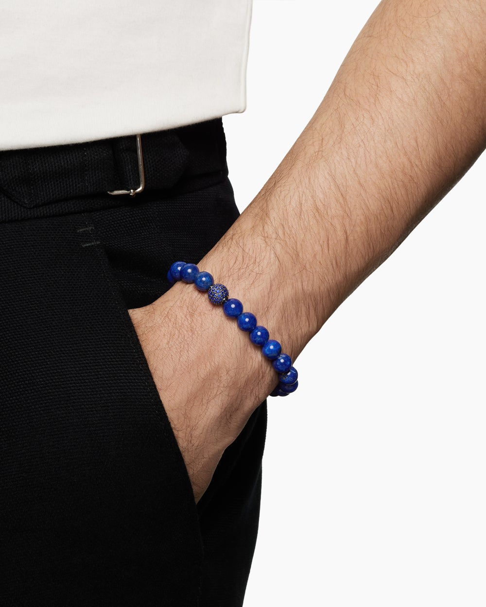 Mens Spiritual Beads Bracelet in Sterling Silver with Pavé Station, 8mm