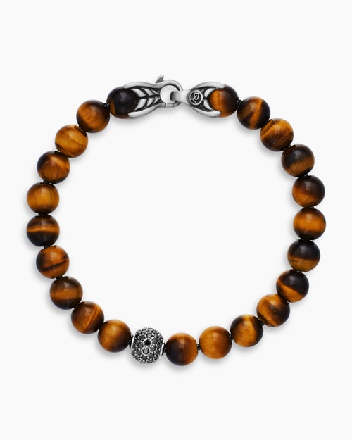 Mens Spiritual Beads Bracelet in Sterling Silver with Tiger’s Eye and Pavé Black Diamond Station, 8mm