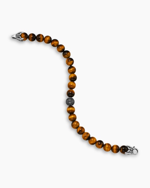 Mens Spiritual Beads Bracelet in Sterling Silver with Tiger’s Eye and Pavé Black Diamond Station, 8mm
