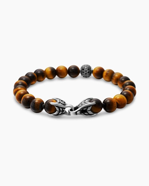 Mens Spiritual Beads Bracelet in Sterling Silver with Pavé Station, 8mm