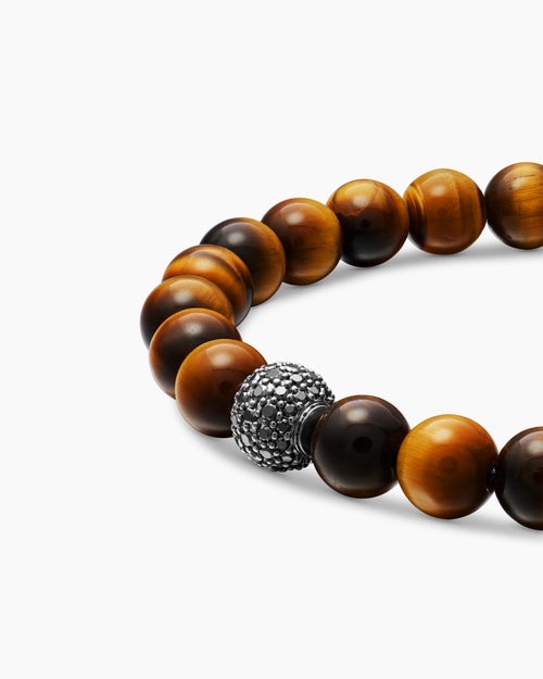 Mens Spiritual Beads Bracelet in Sterling Silver with Tiger’s Eye and Pavé Black Diamond Station, 8mm