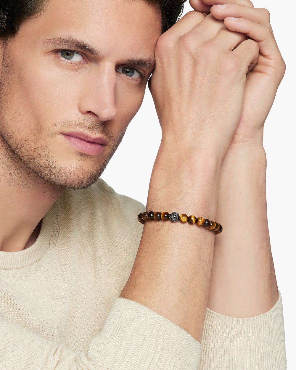 Mens Spiritual Beads Bracelet in Sterling Silver with Pavé Station, 8mm