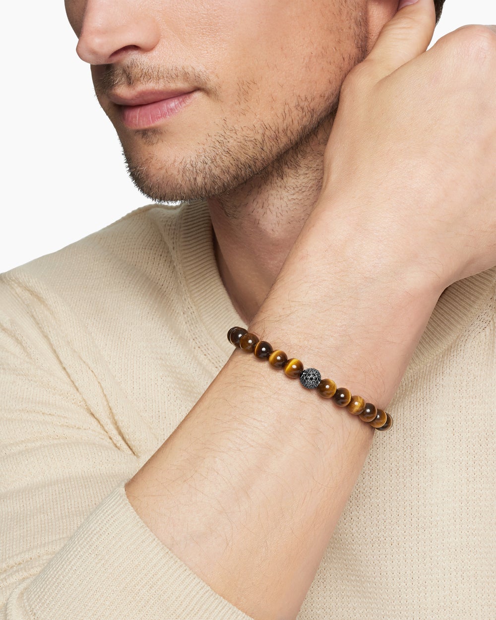 Mens Spiritual Beads Bracelet in Sterling Silver with Pavé Station, 8mm