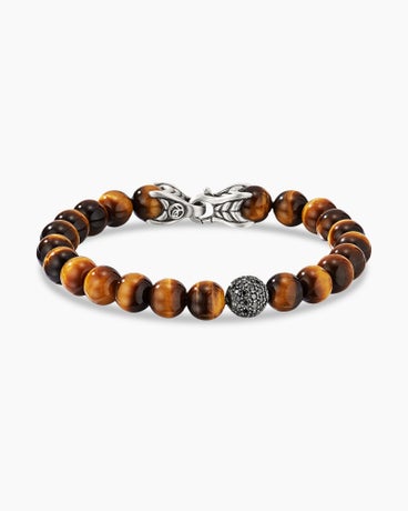 Spiritual Beads Bracelet in Sterling Silver with Tiger’s Eye and Pavé Black Diamond Station, 8mm