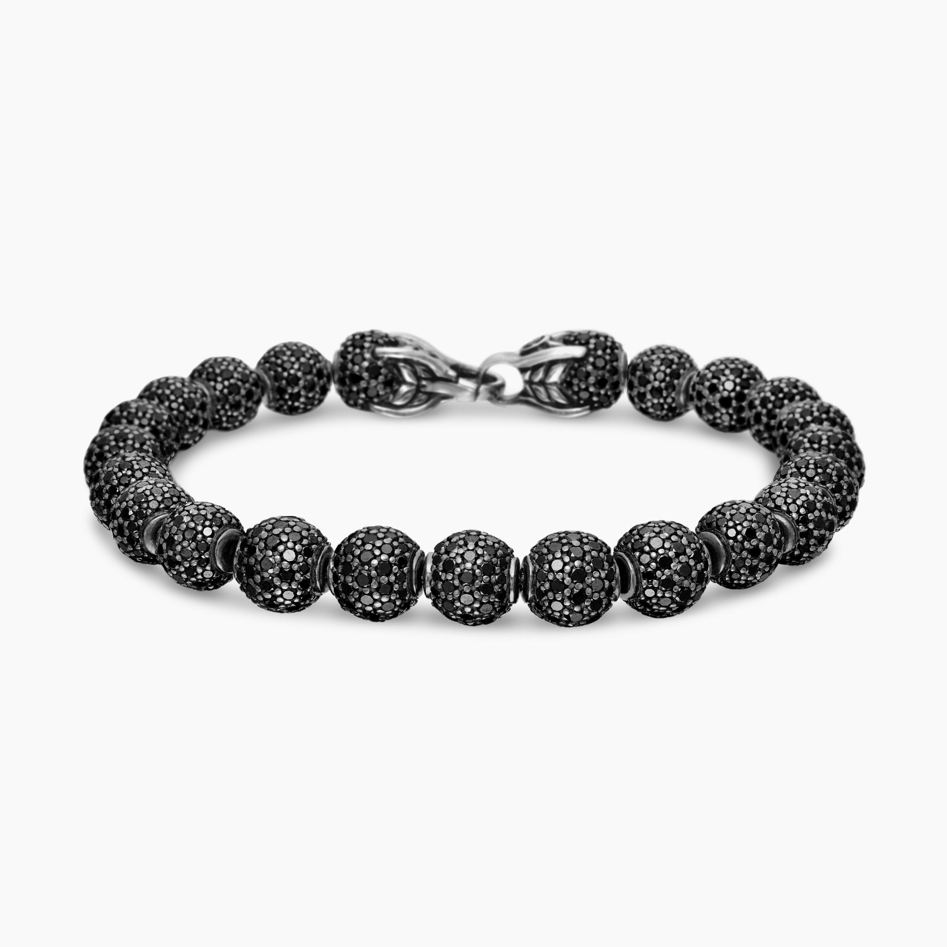 Mens Spiritual Beads Bracelet in Sterling Silver with Pav&eacute; Black Diamonds, 8mm