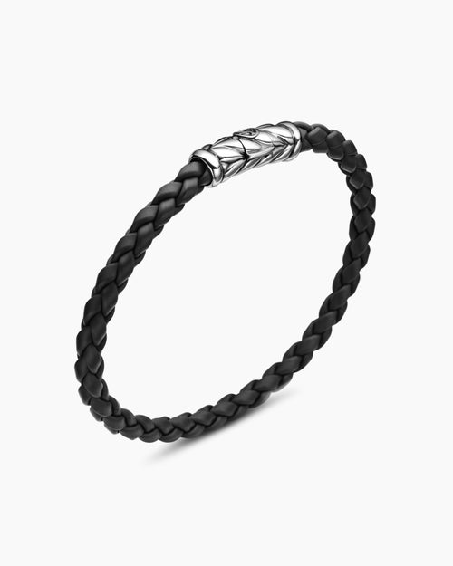 Mens Chevron Woven Bracelet in Black Rubber and Sterling Silver, 6mm