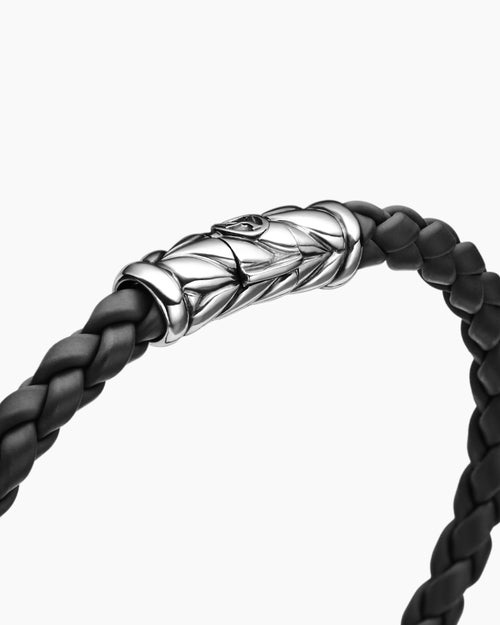 Mens Chevron Woven Bracelet in Black Rubber and Sterling Silver, 6mm