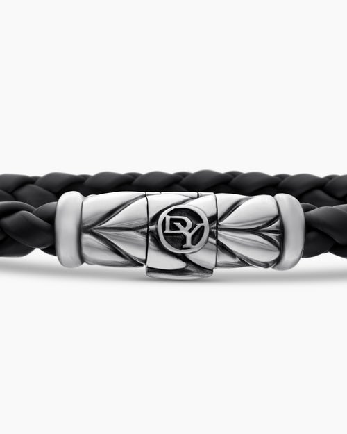 Mens Chevron Woven Bracelet in Black Rubber and Sterling Silver, 6mm