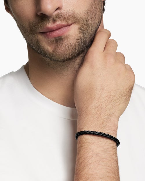 Mens Chevron Woven Bracelet in Black Rubber and Sterling Silver, 6mm