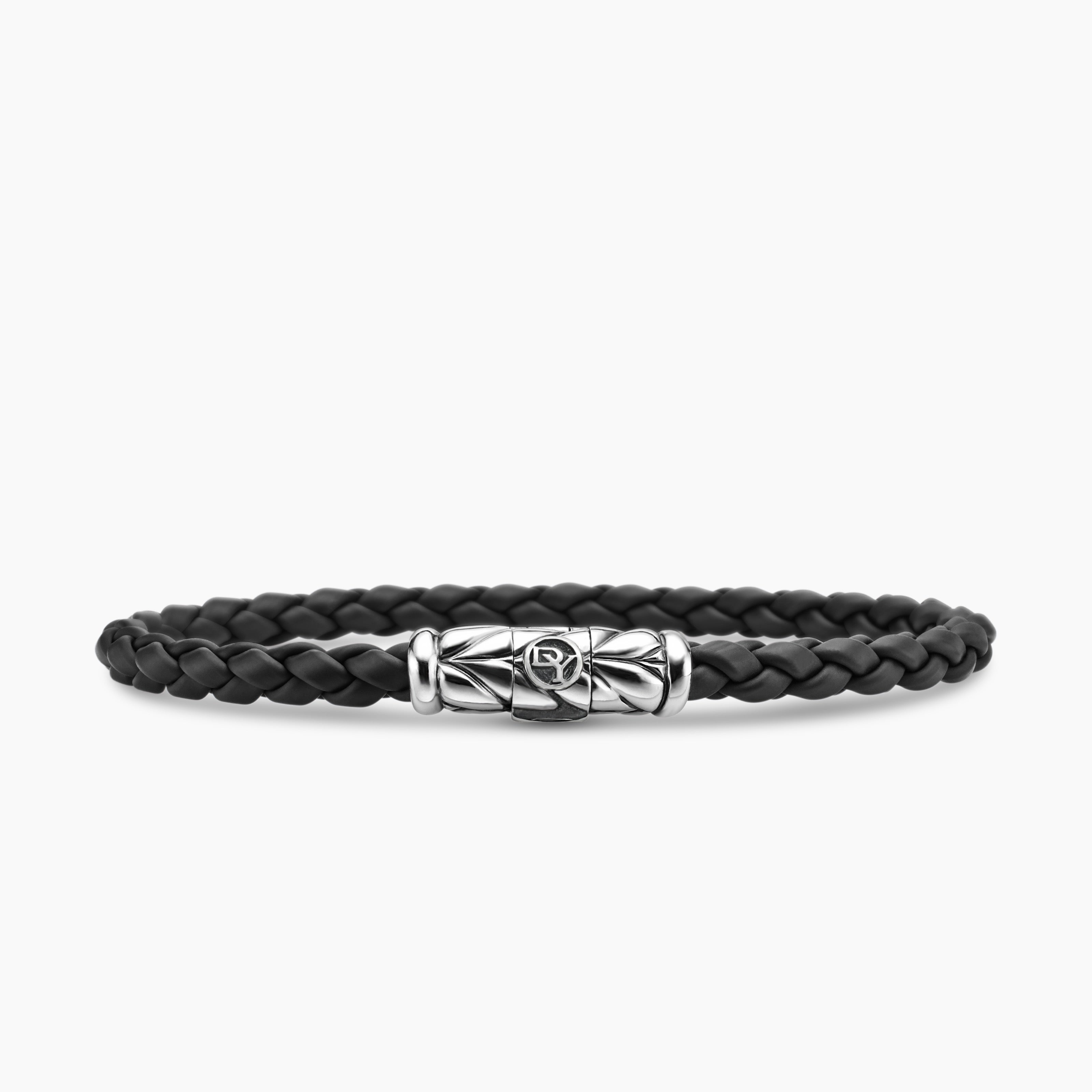 Mens Chevron Woven Bracelet in Black Rubber and Sterling Silver, 6mm