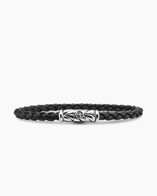 Mens Chevron Woven Bracelet in Black Rubber and Sterling Silver, 6mm