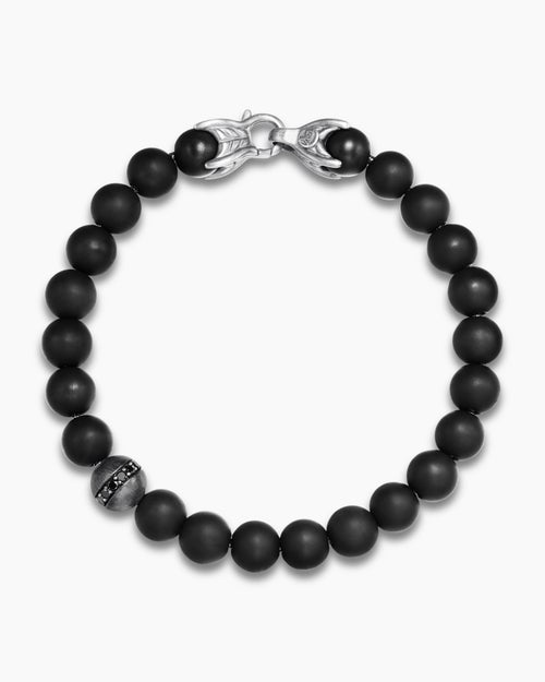 Mens Spiritual Beads Bracelet in Sterling Silver with Black Onyx and Pavé Black Diamond Accent, 8mm