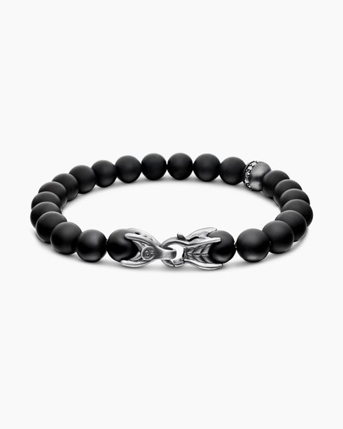 Mens Spiritual Beads Bracelet in Sterling Silver with Black Onyx and Pavé Black Diamond Accent, 8mm