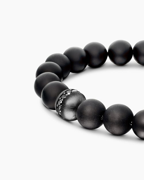 Mens Spiritual Beads Bracelet in Sterling Silver with Black Onyx and Pavé Black Diamond Accent, 8mm