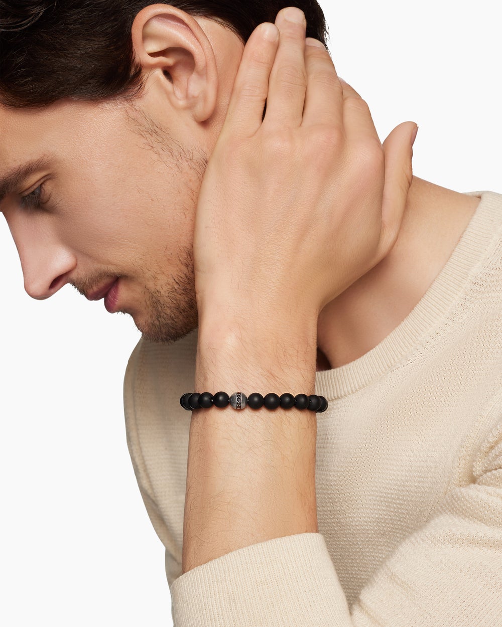 Mens Spiritual Beads Bracelet in Sterling Silver with Black Onyx and Pavé Black Diamond Accent, 8mm