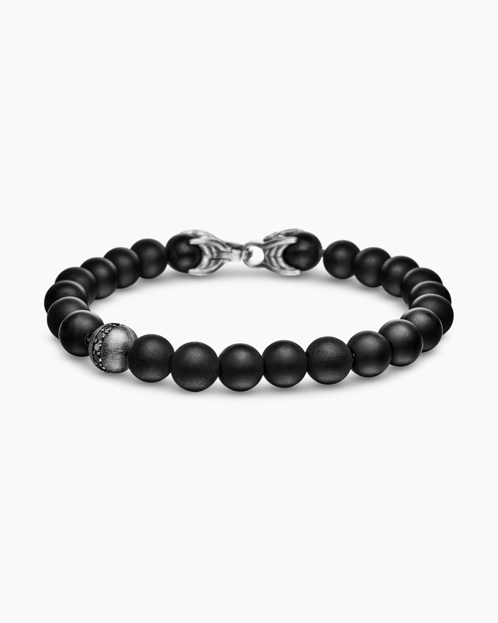 Mens Spiritual Beads Bracelet in Sterling Silver with Black Onyx and Pavé Black Diamond Accent, 8mm