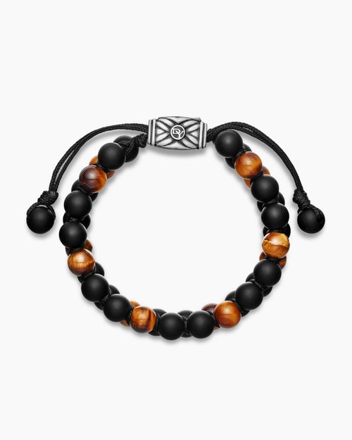 Mens Spiritual Beads Two Row Woven Bracelet in Black Onyx, Tiger’s Eye, Black Nylon and Sterling Silver, 8mm