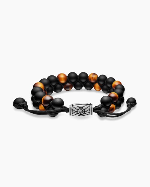 Mens Spiritual Beads Two Row Woven Bracelet in Black Onyx, Tiger’s Eye, Black Nylon and Sterling Silver, 8mm